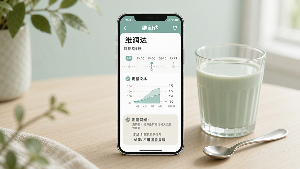 一幅展示维润达饮用指导功能的AI生图,画面中央是一部手机,屏幕上显示维润达应用的饮用指导页面,包含时间轴、用量图示和温馨提醒。手机旁放置一杯饮品和一把勺子,象征日常饮用场景。整体风格清新自然,配色柔和,画质高清,干净无多余元素。