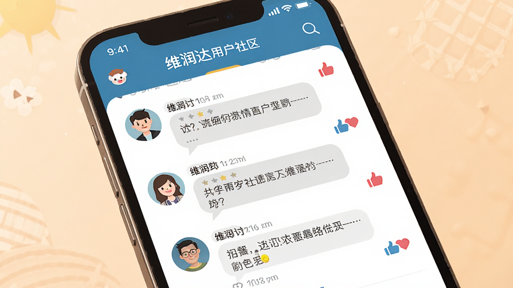 一幅展示维润达用户社区界面的AI生图,画面为手机屏幕,屏幕内显示维润达应用的社区讨论页面,包含用户头像、评论气泡和点赞图标。背景为温暖的浅色调,整体风格亲切友好,细节丰富,画质高清,干净整洁。
