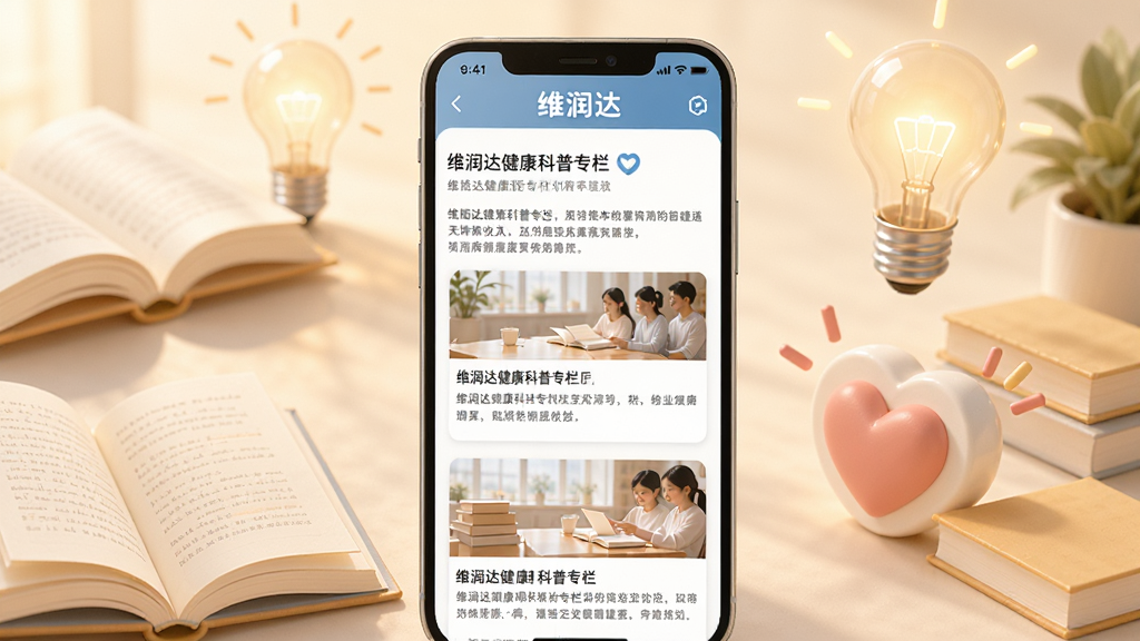 一幅展示维润达健康科普专栏的AI生图,画面为手机屏幕,屏幕内显示维润达应用的文章列表页面,包含标题、摘要和配图。手机周围环绕着书本、灯泡、爱心等知识元素。整体风格温馨明亮,配色柔和,画质高清,干净无多余元素。