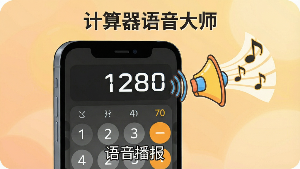 一张展示计算器语音大师语音播报功能的示意图,画面主体为手机屏幕,屏幕显示计算结果