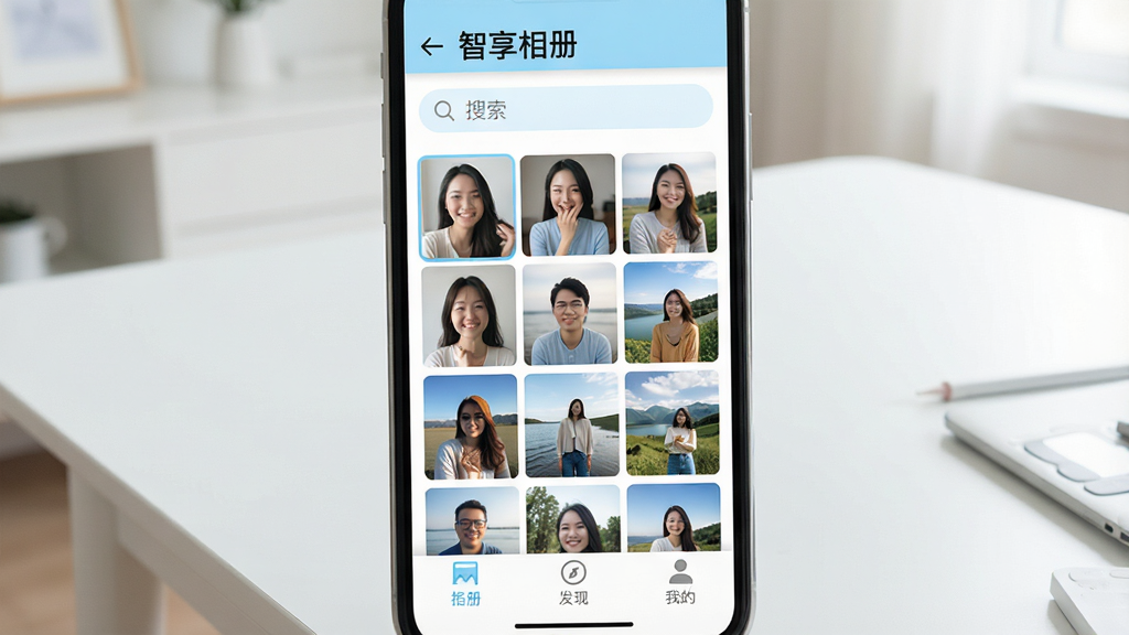 一张展示智能手机屏幕的图片,屏幕中显示“智享相册”应用界面,界面布局为顶部搜索栏,中部照片网格按人物和场景智能分类,底部导航栏有相册、发现、我的三个图标,整体风格清新简约,色调以白色和浅蓝色为主,背景为干净的家居桌面,画质清晰,干净,无多余元素