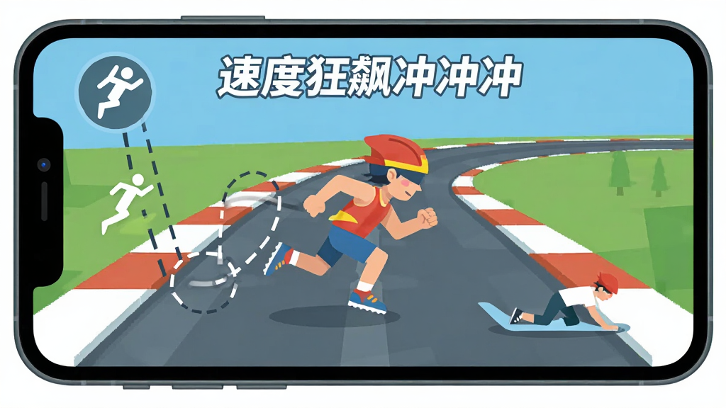 速度狂飙冲冲冲新手操作示意图,画面展示手机屏幕中角色在赛道上奔跑,手指滑动轨迹用虚线标注,左侧有跳跃图标,右侧有滑铲图标,画面简洁明了,风格为扁平化插画,画质清晰,无多余元素