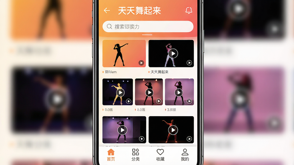 一张展示手机屏幕的图片,屏幕中显示“天天舞起来”软件主界面,界面上方有搜索框,中间是舞蹈视频缩略图网格,下方有首页、分类、收藏、我的四个底部导航按钮,背景为暖色调渐变,画面明亮清晰,风格简洁现代,细节包括舞蹈人物剪影图标和播放按钮,画质高清,干净,无多余元素