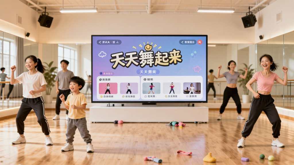一个明亮的舞蹈练习室场景,画面中央有一块大屏幕显示“天天舞起来”的Logo和舞蹈视频列表,四周有不同年龄段的舞者正在跟随屏幕练习,地面是木质地板,墙上有镜子,风格温馨活泼,细节包括舞者的动作姿态和屏幕上的分类标签,画质高清,干净,无多余元素