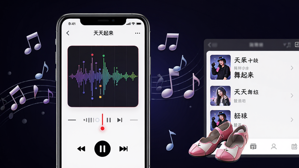 一个音乐与舞蹈结合的场景,画面中手机屏幕显示“天天舞起来”的伴奏播放界面,有波形图和节拍指示灯,旁边有音符和舞鞋的装饰元素,背景为深色渐变,风格动感时尚,细节包括播放控制按钮和曲目列表,画质高清,干净,无多余元素