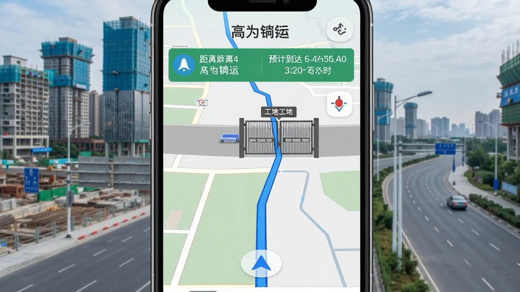 一张展示“高为砼运”一键导航功能的图片,画面展示手机屏幕上的地图导航界面,一条蓝色路线指向工地大门,画面背景是城市建筑与道路,布局为手机屏幕画面放大,排版为竖向构图,风格为科技导航风格,细节包含距离提示和预计到达时间,画质清晰,干净无多余元素。