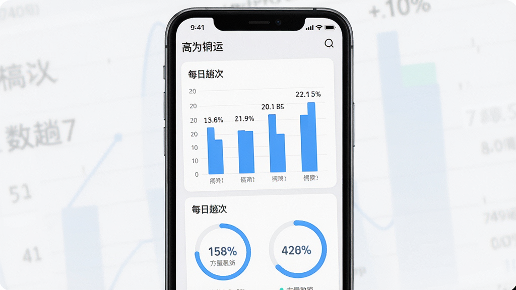 一张展示“高为砼运”趟次统计图表的图片,画面主体是手机屏幕显示柱状图和圆形进度条,显示每日趟次和方量数据,布局为手机特写居中,排版干净利落,风格为现代数据可视化风格,细节包含数字标签和百分比,画质清晰锐利,干净无多余元素。