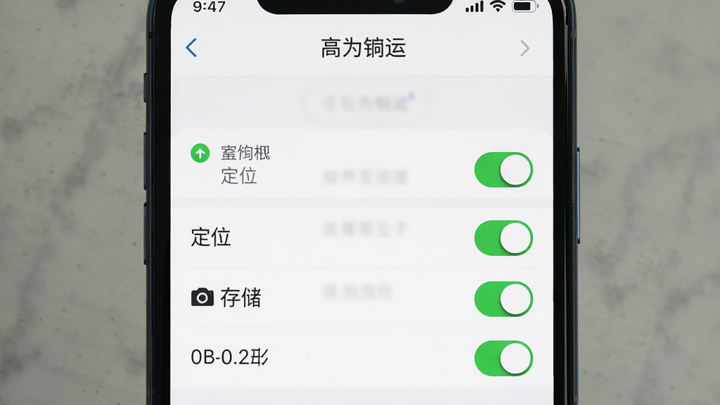 一张展示“高为砼运”手机应用权限设置界面的图片,画面主体是手机屏幕显示应用权限管理列表,包含定位、存储、相机等开关按钮,布局为手机屏幕居中特写,排版清晰,风格为系统设置界面风格,细节包含绿色开启状态图标,画质清晰,干净无多余元素。