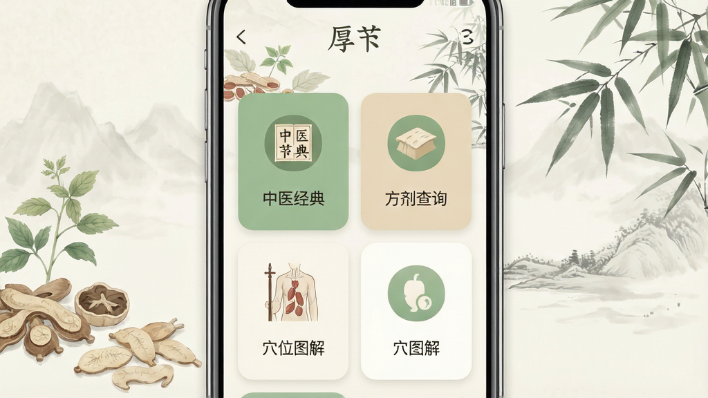 一张手机屏幕展示中医学习应用界面的图片,画面中央是手机正面,屏幕上显示厚朴App首页,页面包含中医经典、方剂查询、穴位图解等模块入口,背景是淡雅的中式水墨风格,有淡淡的草药和竹叶点缀,整体布局简洁清晰,排版以卡片式功能区为主,风格为现代扁平化设计融合中国风元素,细节包括柔和的绿色和米色调、圆角图标、清晰的文字标签,画质高清,画面干净,无多余元素
