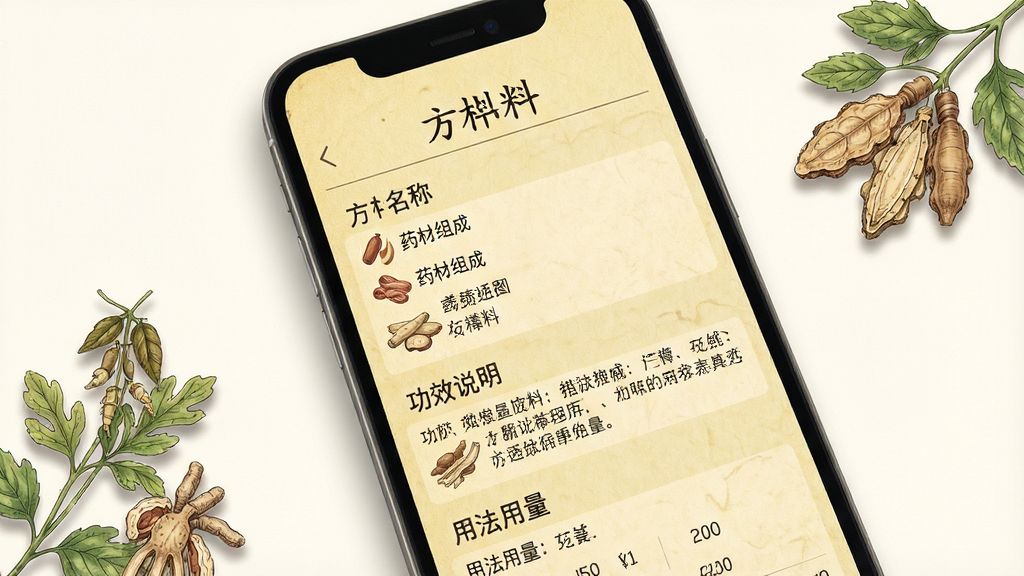 一张展示厚朴App方剂查询功能的手机截图场景,画面中手机屏幕显示方剂详情页面,包含方剂名称、药材组成列表、功效说明和用法用量,页面设计为淡黄色纸质纹理背景,文字排版工整,旁边有草药插图点缀,风格为复古中式药方样式,细节包括清晰的文字层级、药材小图标、柔和的阴影效果,画质高清,画面干净,无多余元素