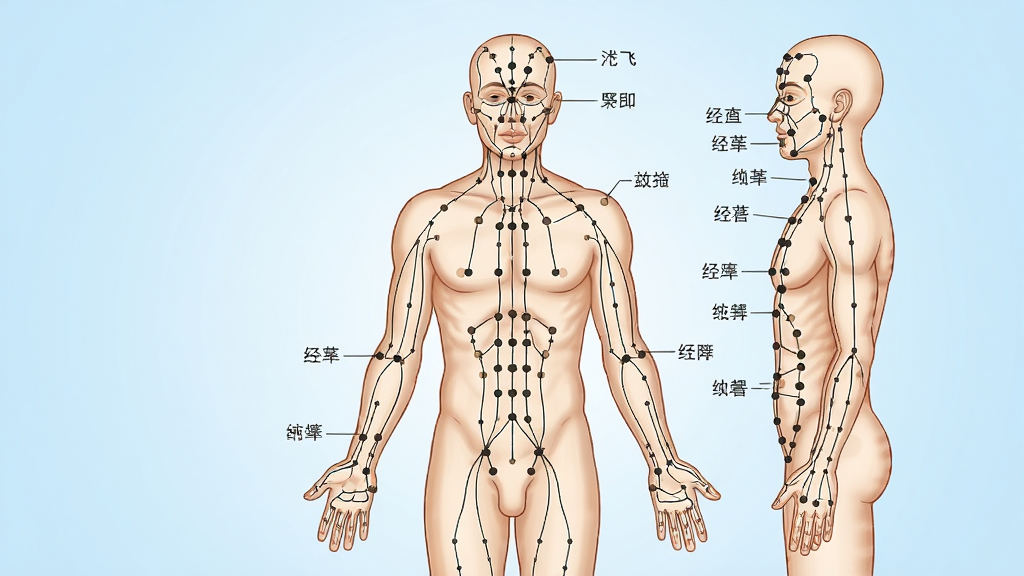 一幅人体经络穴位示意图,画面展示人体正面和侧面的经络走向,穴位用圆点标注,部分穴位旁有名称标签,背景为淡蓝色渐变,风格为医学插画式,细节包括清晰的经络线条、穴位定位、解剖学比例准确,画质高清,画面干净,无多余元素