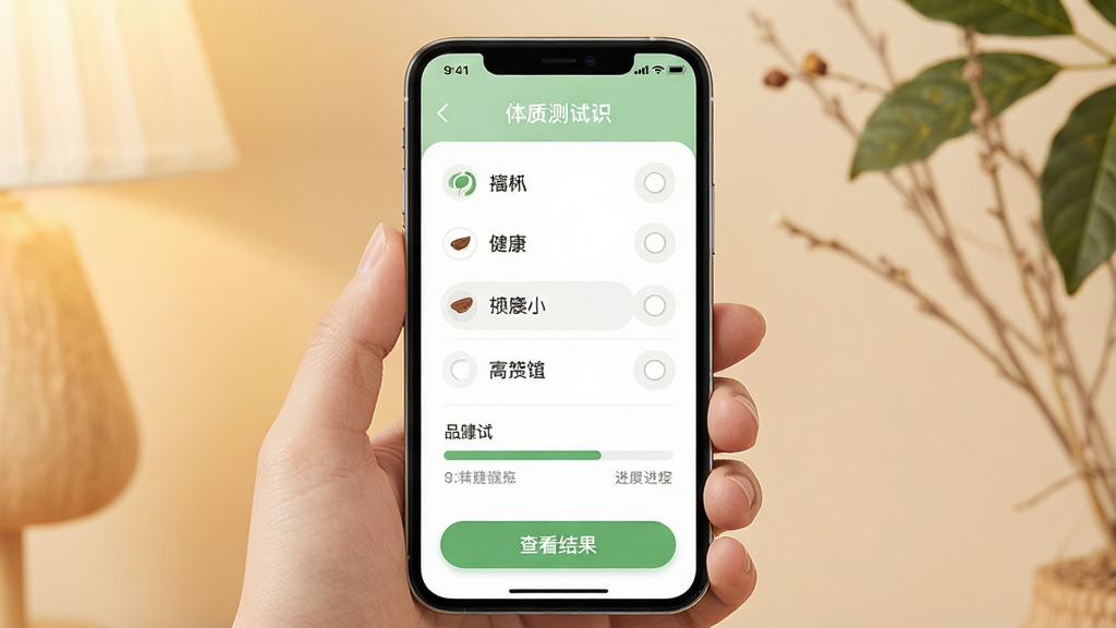 一张展示厚朴App体质辨识功能的界面图,画面中手机屏幕显示体质测试问卷页面,包含选择题和进度条,页面下方有“查看结果”按钮,背景为柔和的暖色调,风格为清新健康类App设计,细节包括圆角选项按钮、简洁的图标、友好的提示文字,画质高清,画面干净,无多余元素