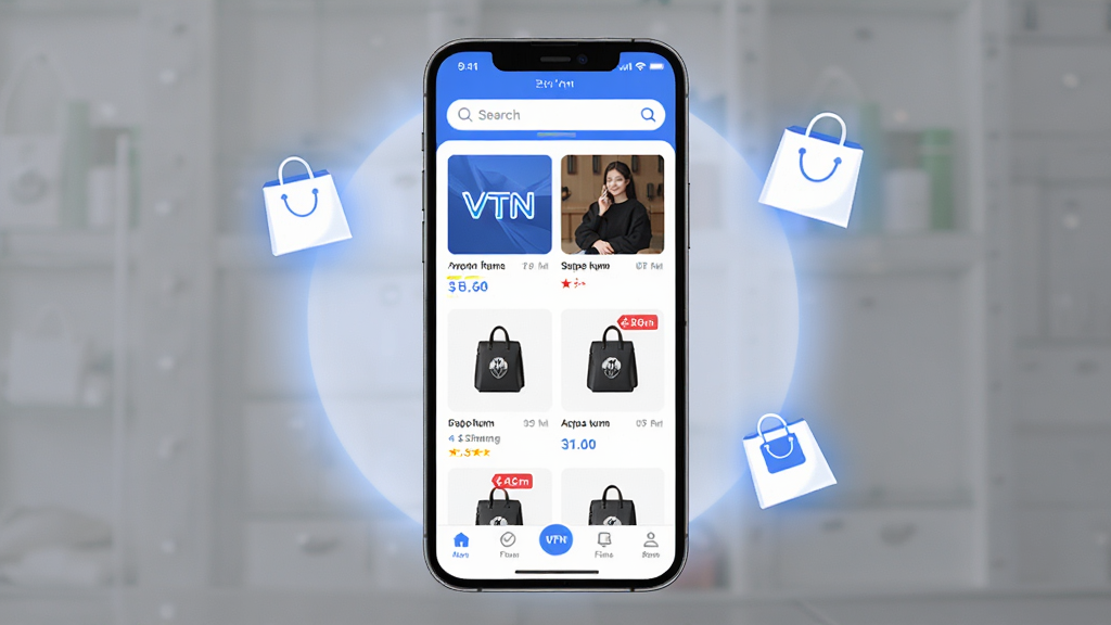 VTN�����̳�APP������չʾ������Ϊһ�������ֻ���Ļ����ʾVTNӦ����ҳ�����ְ����������������в�Ʒ���Ƽ���Ƭ��ײ����������Ű��������򣬷���ִ���Լ����ϸ���ϳ�����Ʒ����ͼ���Żݱ�ǩ�����ʸ���ɾ��޶���Ԫ�أ��ֻ���Χ��׺���Ź����빺���ͼ�꣬����ɫ���԰���Ϊ��