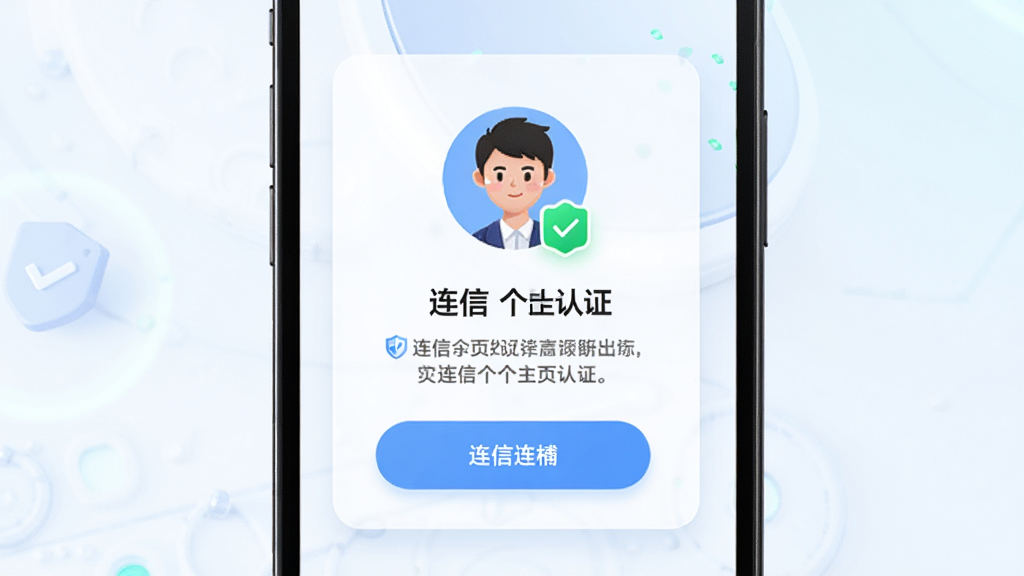 主体为手机屏幕展示连信个人主页认证标识,布局为居中卡片式设计,上方为头像与认证徽章,下方为文字说明与按钮,排版整齐,风格为清新浅色科技风,细节包括蓝色盾牌图标、绿色认证对勾、柔和阴影,画质高清,干净,无多余元素