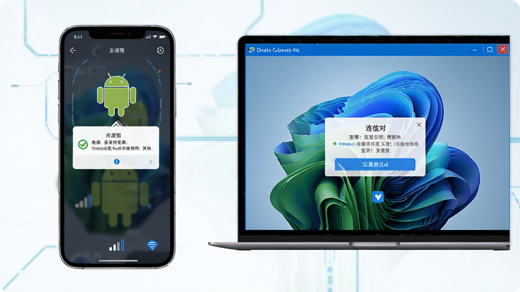 主体为手机与电脑双设备对比展示连信运行界面,布局为左侧手机右侧模拟器窗口,排版对称清晰,风格为科技对比展示图,细节包括安卓机器人图标、Windows窗口边框、权限弹窗提示、网络信号标识,画质高清,干净,无多余元素