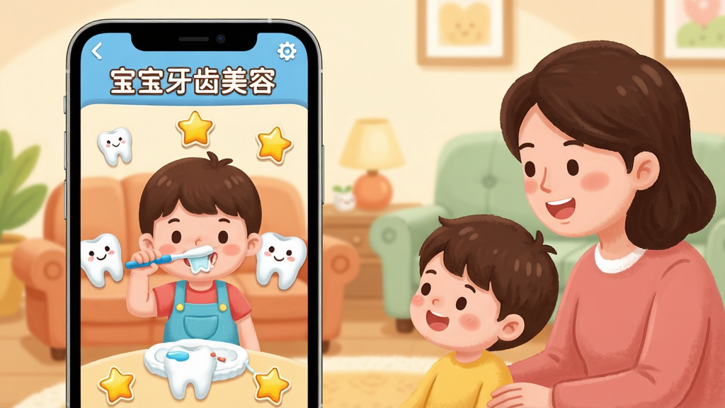 宝宝牙齿美容移动端操作指引界面,主体是手机屏幕显示刷牙小游戏,旁边有家长和孩子一起观看,布局为左右结构,排版温馨,风格为居家卡通,细节包含沙发、牙齿玩偶、星星奖励图标,画质高清干净无多余元素,图片中文字“宝宝牙齿美容”出现在屏幕顶部