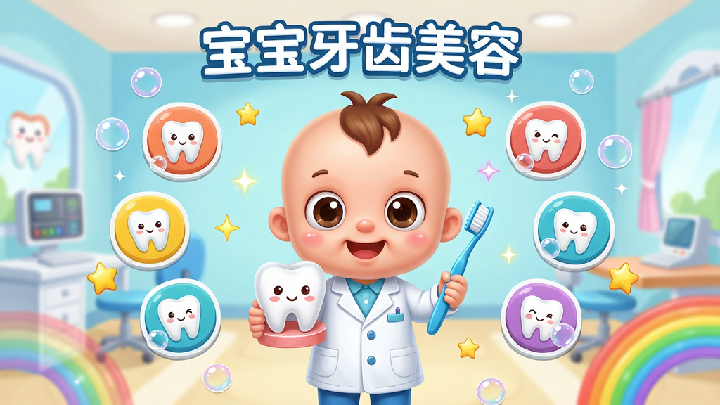 宝宝牙齿美容应用主界面全景展示,画面中央是可爱的宝宝巴士卡通角色穿着牙医白大褂,手持牙齿模型和牙刷,周围环绕着彩色牙齿图标和闪亮星星,背景是明亮的儿童诊所场景,布局采用中心对称构图,排版清晰层次分明,风格为圆润卡通风,细节包含微笑的牙齿、泡泡、彩虹等元素,画质高清干净无多余元素,图片中文字“宝宝牙齿美容”清晰可见