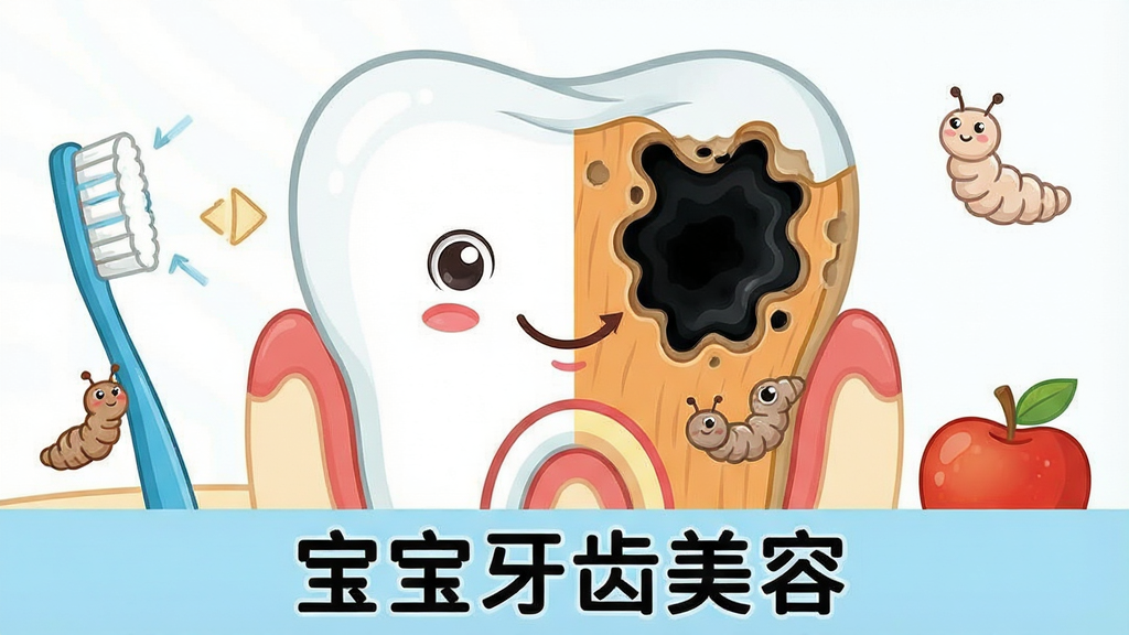 宝宝牙齿美容蛀牙防治科普画面,主体是一颗放大的卡通牙齿剖面图,左侧显示健康牙釉质,右侧显示被蛀虫侵蚀的黑色龋洞,布局为左右对比,排版简洁,风格为科普卡通,细节包含小蛀虫、牙刷、苹果等元素,画质高清干净无多余元素,图片中文字“宝宝牙齿美容”标注在底部