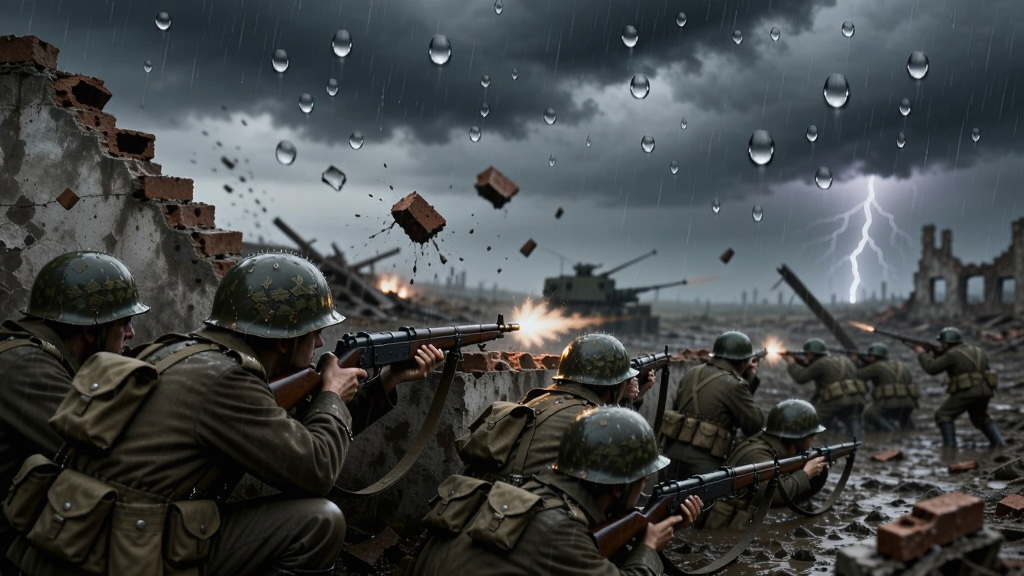 二战英雄军队战场雨天战斗场景,画面展示士兵躲在被炸毁的墙后射击,布局为竖版手机屏幕,排版上方显示雨滴特效与阴云密布的天空,风格为阴暗写实风,细节包含泥水飞溅、枪口火光、碎砖掉落、远处闪电,画质为高清1080P,干净无多余HUD元素