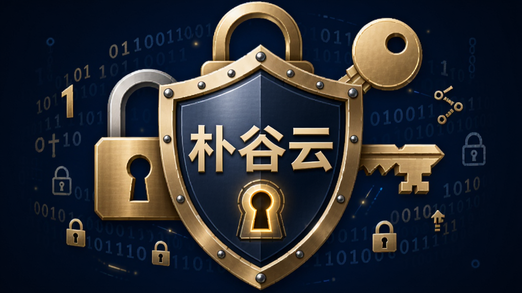 主体是一个盾牌图标,盾牌中央有“朴谷云”字样,盾牌后方有锁和钥匙的图形;布局为盾牌居中,周围环绕着二进制代码和加密符号;排版简洁,盾牌占据视觉中心;风格为安全科技风,深蓝色和金色搭配;细节上,盾牌有金属质感,锁孔发光,代码环绕;画质高清,干净,无多余元素