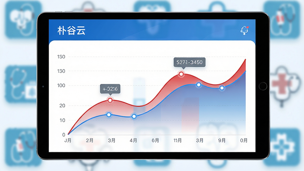 主体是一个平板电脑,屏幕上显示着“朴谷云”APP的健康趋势折线图,图表有红蓝两条曲线,旁边有数据标签;布局为平板居中,背景是虚化的医疗图标;排版清晰,图表占据屏幕主要位置;风格为专业医疗科技风,蓝白灰配色;细节上,折线图有渐变填充,数据点有高亮标记;画质高清,干净,无多余元素