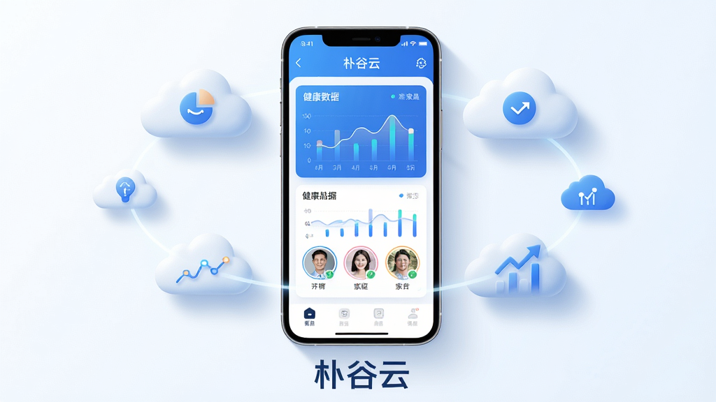 主体是一个智能手机屏幕,屏幕上显示着“朴谷云”APP的界面,界面包含健康数据图表和家庭成员头像;布局为手机居中放置,周围环绕着云朵和数据的图标;排版简洁,手机下方有“朴谷云”的文字标识;风格为现代科技感,蓝色和白色为主色调;细节上,界面内图表清晰,图标精致,有柔和的阴影;画质高清,干净,无多余元素