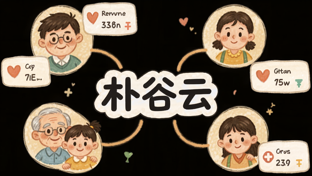 主体是一个家庭场景的插画,画面中央是“朴谷云”的Logo,周围环绕着代表不同家庭成员的卡通头像,每个头像旁边有健康数据小卡片;布局为圆形排列,Logo居中;排版温馨,有连接线将头像与Logo相连;风格为温暖手绘风,色彩柔和;细节上,头像表情亲切,数据卡片上有心形和十字图标;画质高清,干净,无多余元素