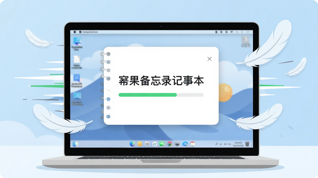 画面主体是一台打开的笔记本电脑屏幕,屏幕上显示幂果备忘录记事本的启动画面,周围环绕着象征速度的线条与轻盈的羽毛,布局为居中特写,风格为扁平化科技插画,细节包含屏幕中“幂果备忘录记事本”的文字标识、绿色启动进度条、干净的桌面背景,画质高清,无多余元素,突出轻快流畅的视觉感受