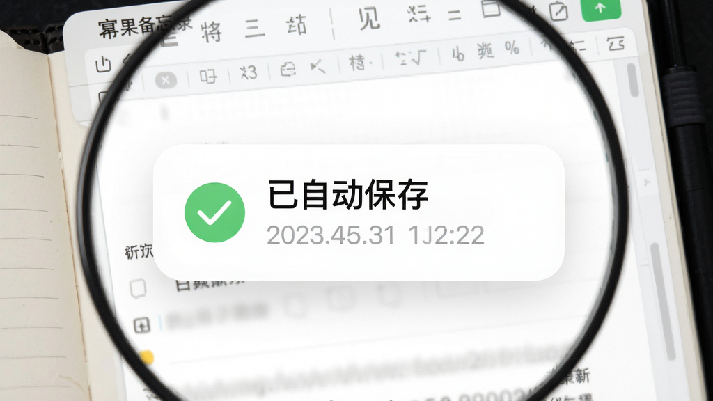 画面主体为幂果备忘录记事本的自动保存提示浮层,浮层上显示“已自动保存”与时间戳,背景是文档编辑区,布局为局部放大特写,风格为柔和圆角卡片设计,细节包含绿色对勾图标、浅灰色时间文字、干净的白色编辑背景,画质清晰,无多余元素