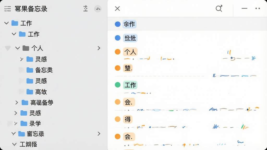 一张俯视视角的桌面截图,展示幂果备忘录记事本的多层级目录面板,左侧树状结构展开多个文件夹,右侧笔记列表带有彩色标签圆点,布局为左右分栏,风格为清爽商务风,细节包含“工作”“个人”“灵感”等分类名称、蓝色与橙色标签、浅灰色背景,画质干净,无多余装饰