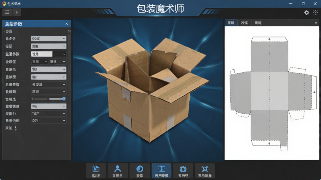 包装魔术师软件主界面全景,画面中央展示三维立体纸箱折叠结构,左侧为盒型参数设置面板,右侧为二维刀模图预览,底部排列常用工具图标,整体采用深灰与蓝色科技风格,界面整洁清晰,画质精细,干净无多余元素,屏幕中显示文字