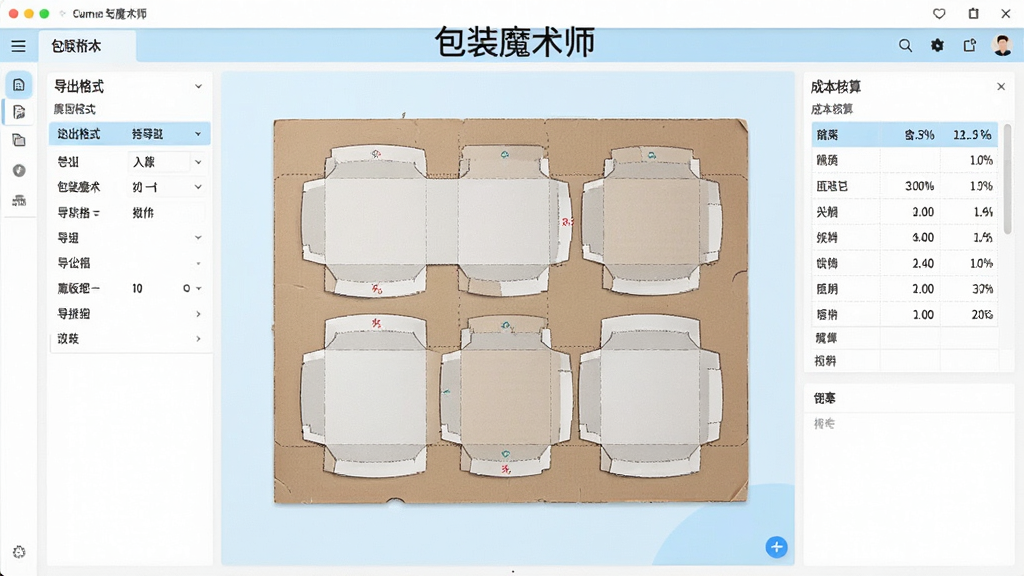包装魔术师导出与拼版操作界面,画面中央为一张大幅面纸板上的多个盒型拼版排列,左侧显示导出格式选项列表,右侧展示成本核算数据表,整体配色以白色与浅蓝为主,界面清爽,画质精细,干净无多余元素,表格上方显示文字