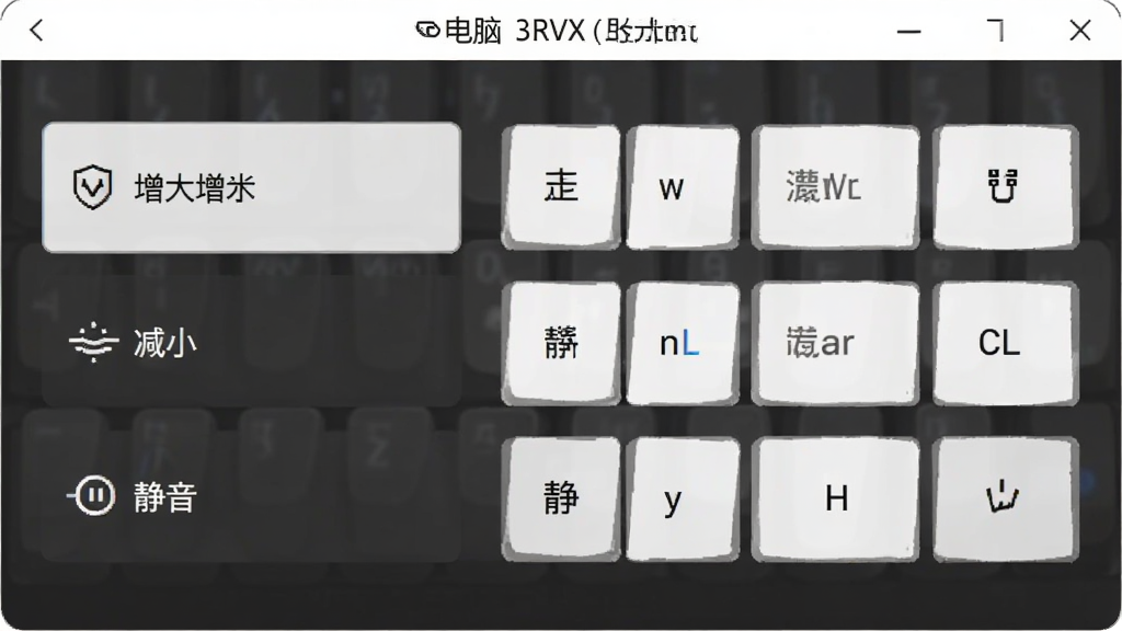 电脑音量控制器(3RVX)快捷键设置界面示意图,画面展示一个设置面板,左侧列出音量增大、减小、静音等选项,右侧显示对应的键盘按键组合,界面风格简洁现代,背景为浅色,排版整齐,画质清晰,干净无多余元素