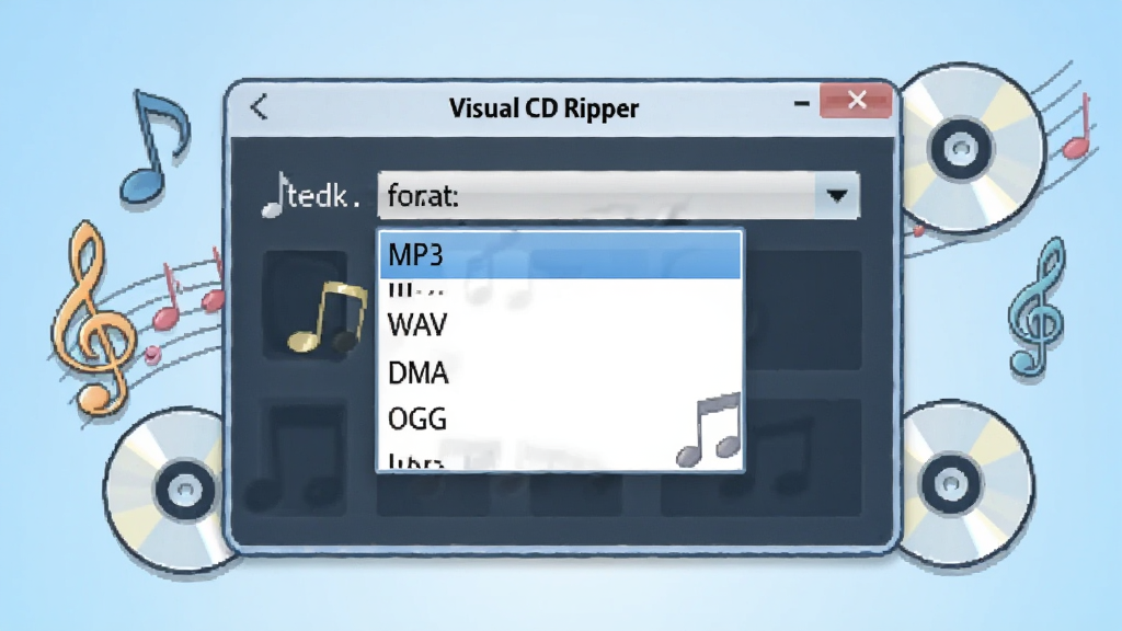 Visual CD Ripper软件界面截图风格插画,画面中央是软件窗口,窗口内显示格式选择下拉菜单,菜单中标注MP3、WAV、WMA、OGG等选项,周围环绕音符和光盘图标,背景为浅蓝色渐变,风格简洁明快,画质清晰干净
