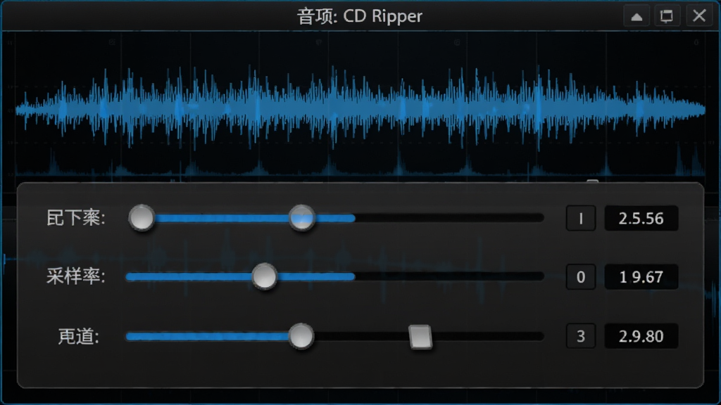 Visual CD Ripper音频参数设置界面概念图,画面中显示比特率、采样率、声道等调节滑块和数值,背景有音频波形图,整体风格科技感十足,蓝黑色调,画质细腻,无多余元素