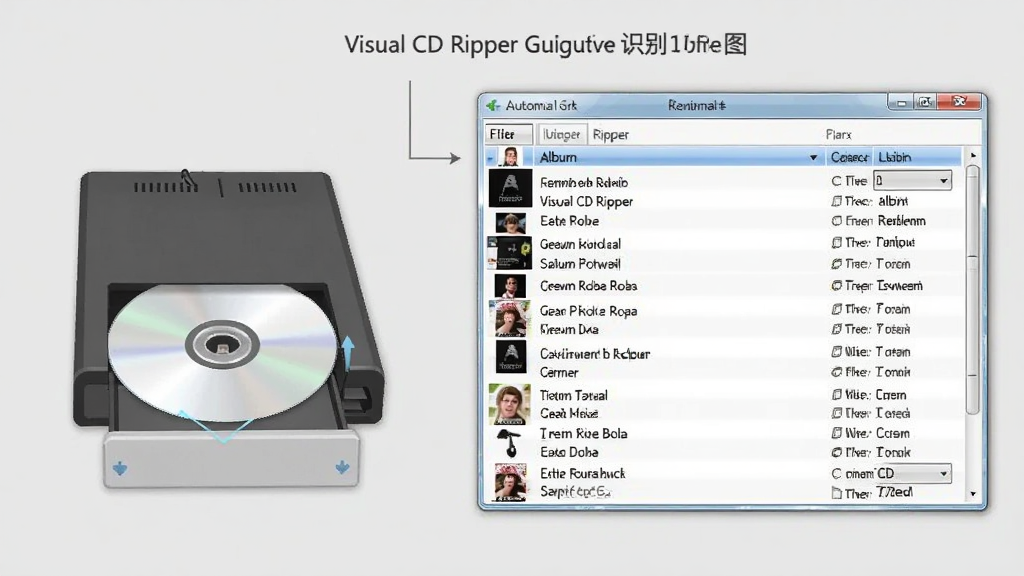Visual CD Ripper光驱识别功能展示图,画面左侧是光盘插入光驱的示意图,右侧是软件界面中自动填充的专辑曲目列表,风格简洁直观,浅灰色背景,画质清晰,排版干净