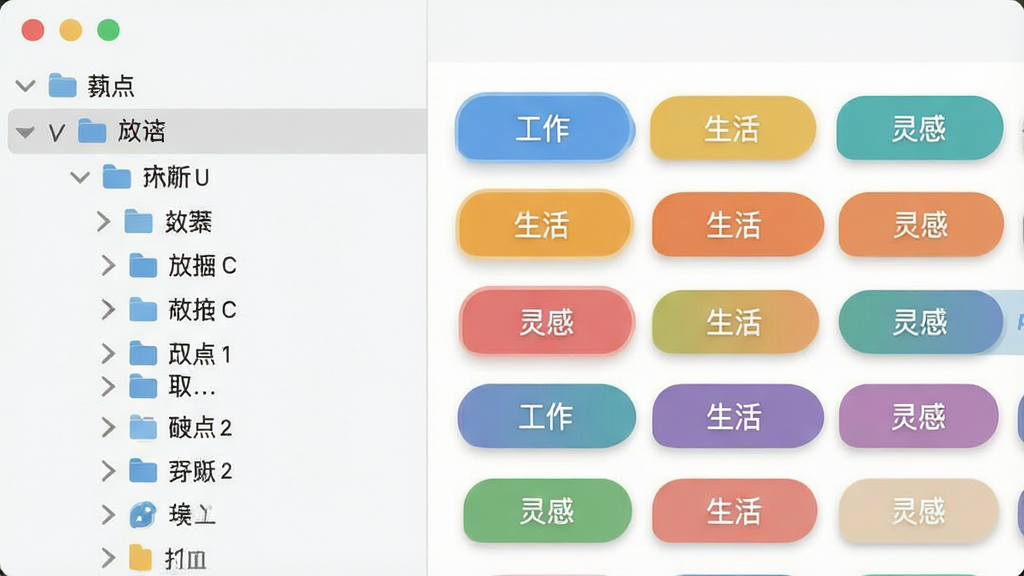 一张展示Flashnote多标签管理界面的示意图,画面左侧是树状目录列表,右侧是多个彩色标签页并排显示,标签页上分别标注