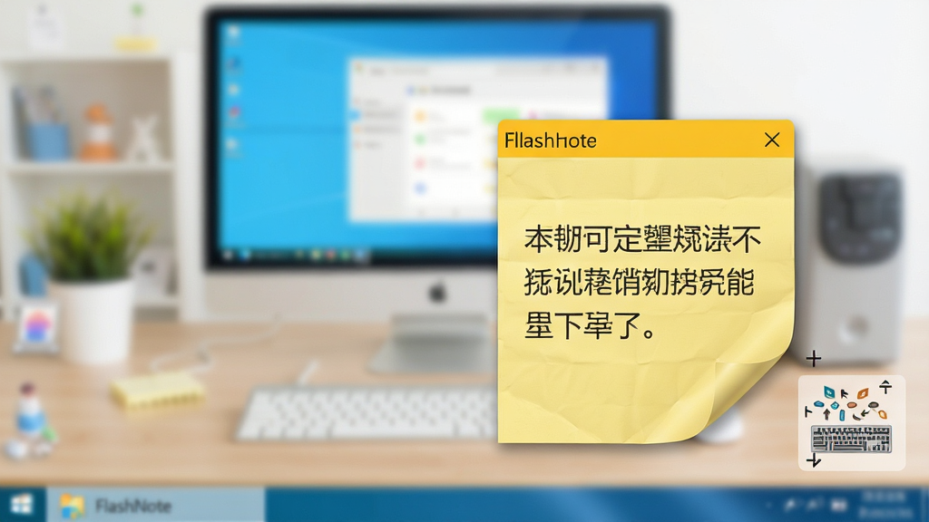 一张Flashnote软件在Windows桌面右下角弹出的特写图,画面主体是一个小巧的黄色便签窗口,窗口内写有中文短句,窗口旁边有键盘快捷键的图形示意,背景为模糊处理的办公桌面,风格为清新明快,细节上便签纸有轻微折角质感,画质清晰,画面干净,无多余元素
