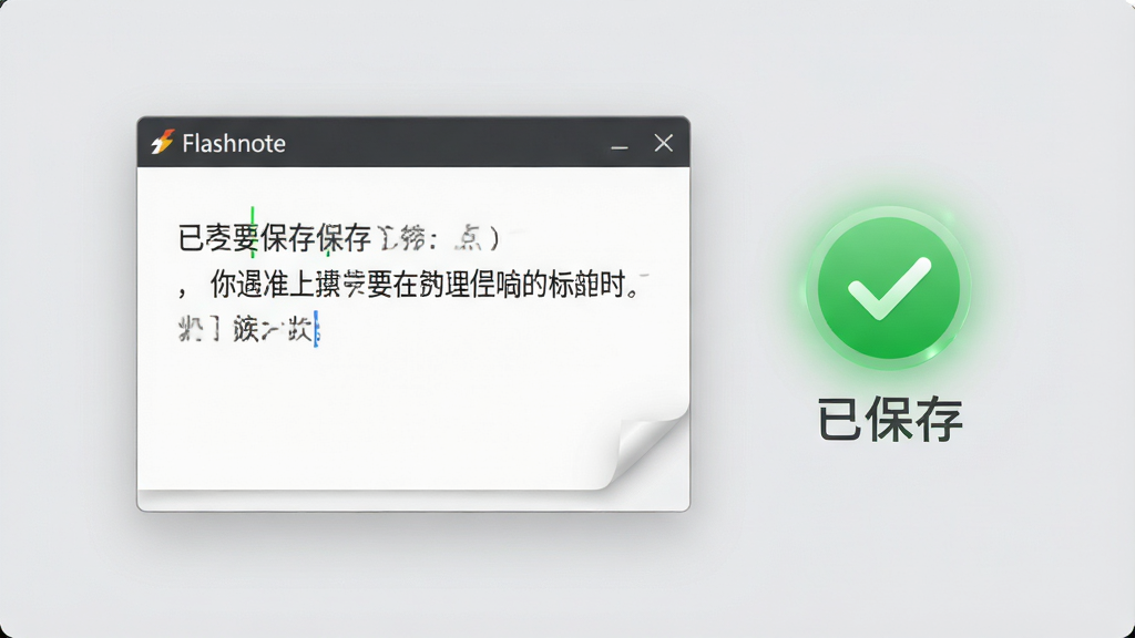 一张Flashnote软件自动保存功能的场景图,画面中便签窗口内文字正在输入,旁边有一个绿色的对勾图标和