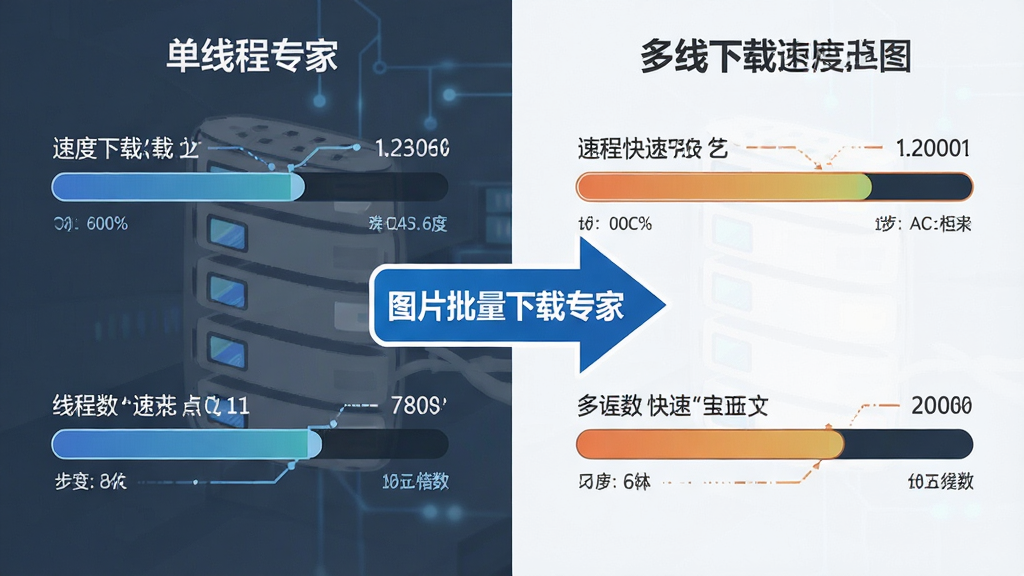 图片批量下载专家多线程下载速度对比示意图,画面分为左右两部分,左侧为单线程缓慢下载的进度条,右侧为多线程快速下载的进度条,中间有箭头指向