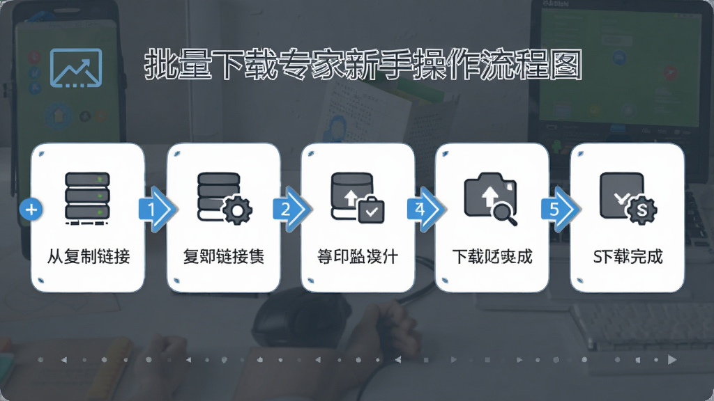 图片批量下载专家新手操作流程图,画面以步骤条形式展示从复制链接到下载完成的五个步骤,每个步骤配有简洁图标与文字说明,风格为教程指引风,细节包括箭头连接与步骤编号,画质高清,干净,无多余元素