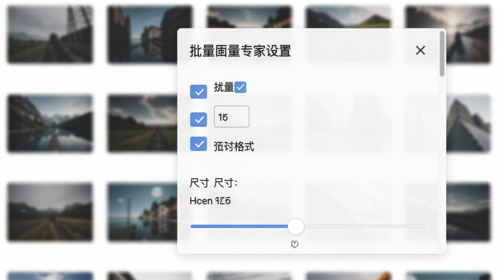 图片批量下载专家格式过滤设置面板,界面中显示格式勾选框与尺寸范围滑块,背景有模糊的图片缩略图作为衬托,风格为简洁设置页风,细节包括勾选状态与数值标签,画质高清,干净,无多余元素