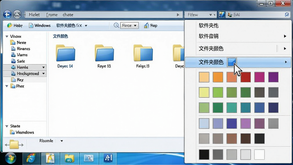 一张软件功能展示图,画面左侧是Windows 7资源管理器窗口,右侧是展开的右键菜单,菜单中高亮显示“文件夹颜色”选项及其子菜单中的多种颜色色块,一个鼠标指针正悬停在蓝色色块上,窗口内文件夹图标同步变为蓝色,整体布局清晰,风格简洁现代,画质干净,无多余元素
