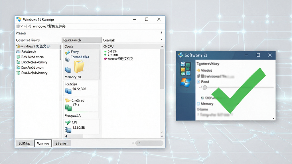 一张软件性能监控示意图,画面显示Windows任务管理器界面,其中“windows7彩色文件夹”进程占用内存和CPU资源极低,旁边配有软件主界面图标和绿色对勾标记,背景为淡灰色科技感网格,整体风格简约商务,画质清晰,无多余元素