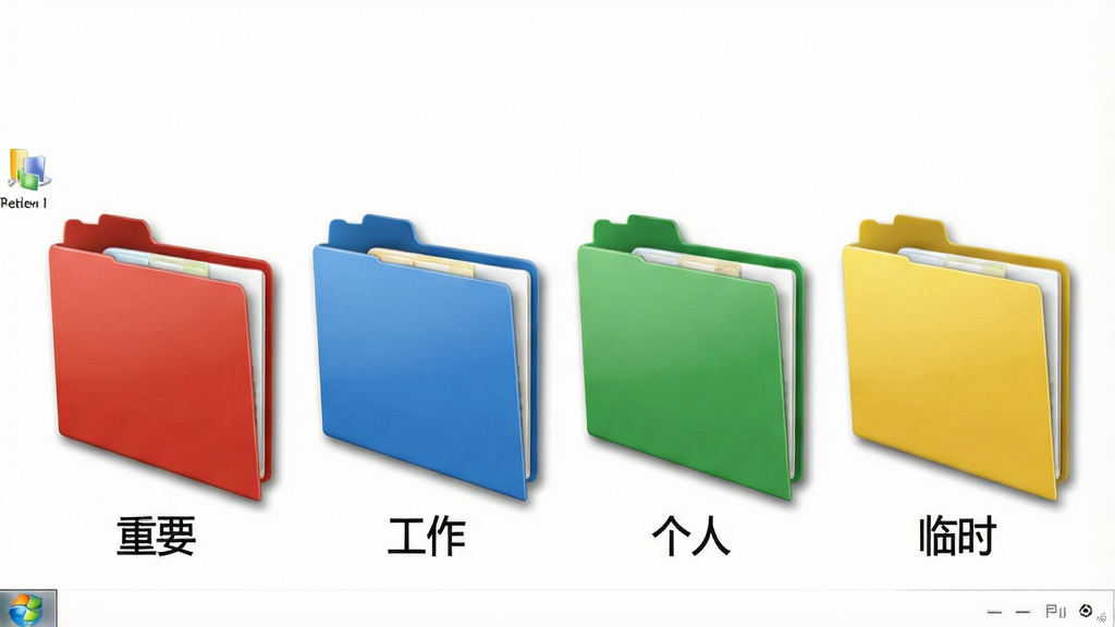 一张Windows 7系统下文件夹颜色分类效果展示图,画面中同时展示红色、蓝色、绿色、黄色四个文件夹并排排列,每个文件夹下方有对应的文字标签如“重要”“工作”“个人”“临时”,背景是干净的白色桌面,图标带有轻微阴影效果,整体风格清新简约,画质清晰,无多余元素