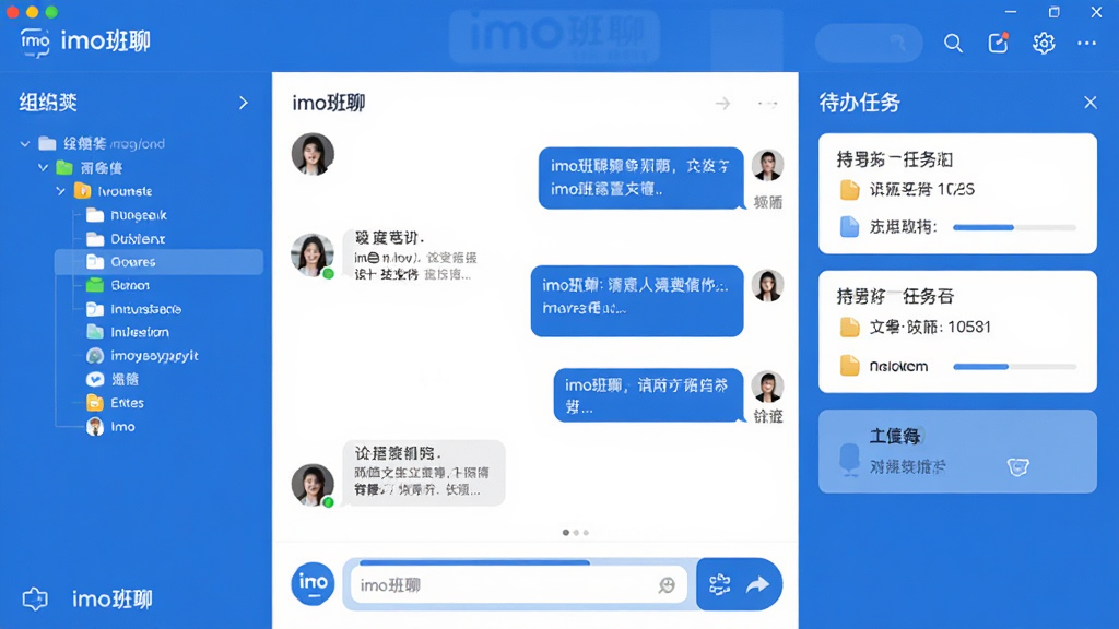 imo班聊软件主界面全景展示,画面中央是imo班聊的聊天窗口与左侧组织架构树,右侧显示待办任务卡片,整体布局清晰,采用蓝白商务配色,风格简洁现代,细节包含头像、消息气泡、文件传输进度条,画质高清,干净,无多余元素