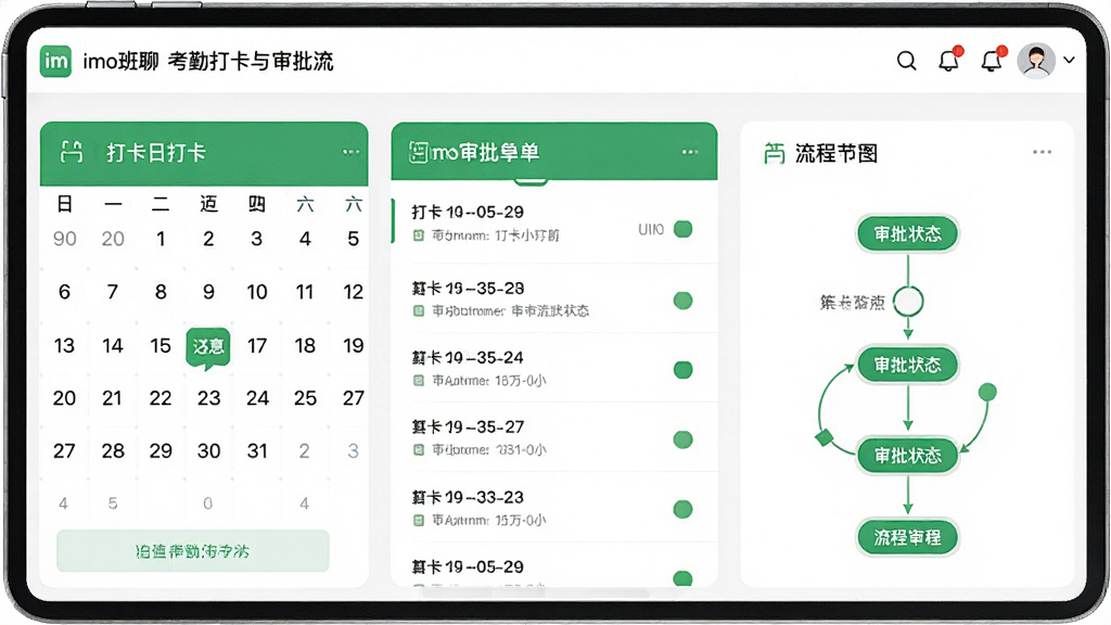 imo班聊考勤打卡与审批流界面,画面展示打卡日历、审批单列表与流程节点图,界面采用绿色与白色搭配,风格清新,细节包含打卡时间、审批状态标签、流程箭头,画质高清,干净,无多余元素