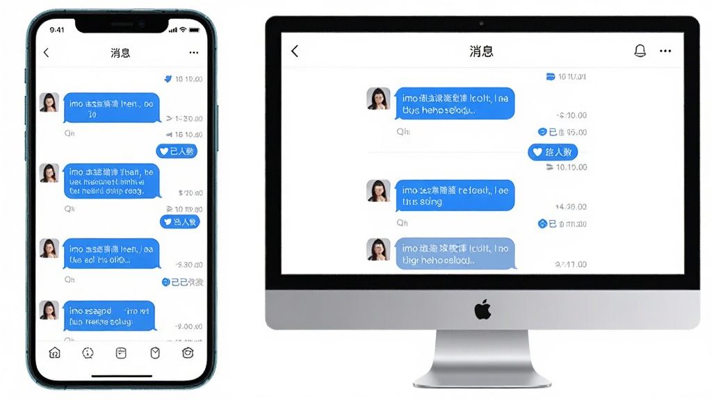 imo班聊消息已读未读状态展示,画面为手机与电脑双端消息列表,每条消息旁有已读人数小标签,界面采用白色背景与蓝色高亮,风格干净利落,细节包含消息气泡、时间戳、已读回执图标,画质高清,干净,无多余元素