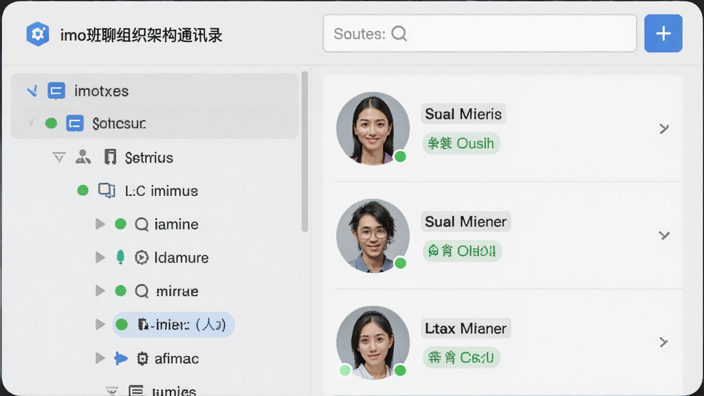 imo班聊组织架构通讯录界面,画面左侧为树形部门列表,右侧展示员工头像与职位信息,顶部有搜索框,界面采用浅灰与蓝色搭配,风格清爽,细节包含展开箭头、在线状态圆点、部门人数标签,画质高清,干净,无多余元素