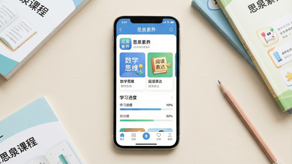 一张展示“思泉素养”手机应用界面的图片,主体为一部竖屏智能手机,屏幕中显示“思泉素养”APP首页,包含课程卡片、学习进度条和底部导航栏;布局为手机居中放置于浅色桌面背景上,四周散落几本练习册和一支铅笔;排版简洁,手机屏幕内容清晰可见;风格为现代教育类APP展示图,明亮柔和色调;细节包括APP图标上的“思泉素养”字样、屏幕内可见“数学思维”“阅读表达”等文字标签;画质高清,干净,无多余元素。